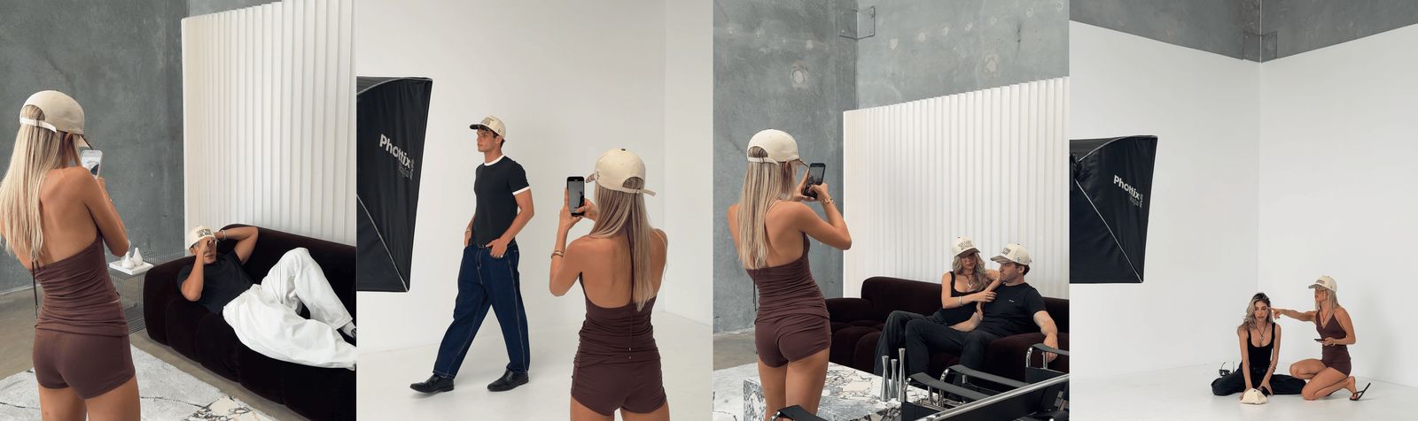 Behind the scenes in the studio: models in the caps being shot on a phone, on a sofa and against a white backdrop.